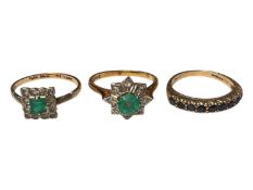 Emerald and diamond cluster ring in 18ct gold setting, 9ct gold sapphire half eternity ring and a 9c