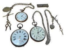 Two Victorian silver pocket watches, silver watch chain, silver cigar cutter, and a gold plated pock