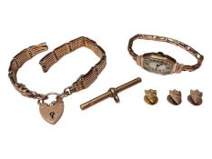 1930s 9ct rose gold ladies wristwatch on 9ct gold expandable bracelet, together with 9ct rose gold b