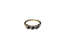 9ct gold sapphire and diamond ring with three marquise shaped blue sapphires interspaced with diamon