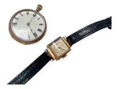 18ct gold cased fob watch, together with an 18ct gold cased Ardan ladies wristwatch on leather strap