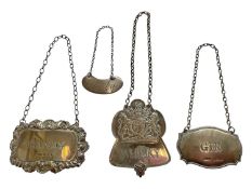 Four silver spirit labels including The Queen's Silver Jubilee limited edition whisky label, numbere