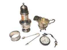 1960s silver sugar caster, silver cream jug, Edwardian silver napkin ring, pair of Victorian silver