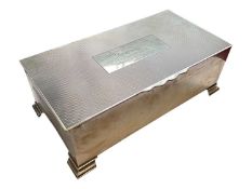 1940s silver cigarette box with engine tuned decoration and engraved presentation inscription to the