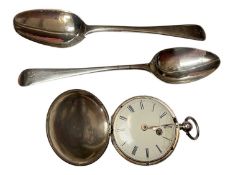 Victorian silver full hunter pocket watch and two Georgian silver teaspoons