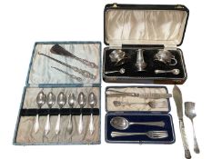 Late 1950s silver three piece cruet set in fitted case, silver spoon and fork set in case, Victorian