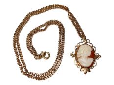 9ct gold mounted carved shell cameo pendant / brooch on 9ct gold chain, 58cm long
