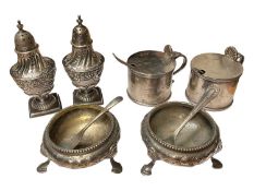 Pair of Georgian style silver mustard pots, pair of Victorian silver salts and a pair of Victorian s