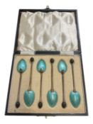 Set of six 1930s silver and turquoise guilloche enamel coffee bean spoons (Birmingham 1931), in fitt