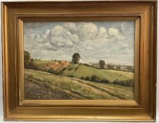 A.C. Hemming, 20th century, oil on canvas, a rolling landscape with clouds in the sky, 26cm x 37cm,