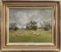 Joyce Haddon (1914-1999) oil on board, Sheep may safely graze, 27.5cm x34.5cm, signed, framed.