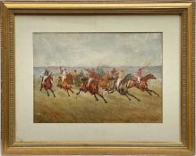 English School, watercolour, The Run in, a horse racing scene, with monogram, 25cm x 35cm, glazed gi