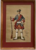 J.W. Scott, gouache on paper, study of an ‘Officer of Artillery 1742’, 43cm x 29cm, signed, in glaze