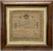 19th century sampler depicting a verse within foliate border, 30cm x 33cm, in glazed frame