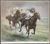 Claire Eva Burton signed limited edition racing print, 441/500, 32cm x 38cm, in glazed frame