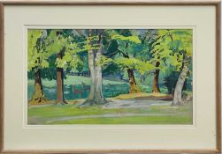 20th Century Gouache, Deer in a Forest, Yugoslavia, 29cm x 48cm, in glazed frame.