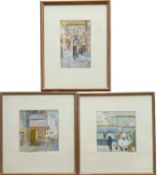 Brenda Holtam, contemporary, three mixed media works on paper depicting figures and buildings, avera