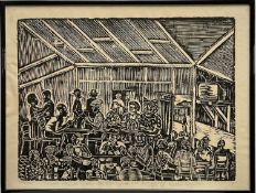 Kweti Ndzube, South African b.1943, linocut, “Mama Peggies Cool Tauern, World Cup Rugby 1995”, signe