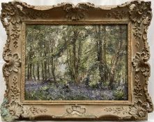 Herbert F. Royle (1870-1958) oil on canvas , Bluebell wood with figures, 29cm x 39.5cm, in gilt fram