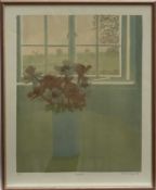 Louise Waugh, contemporary, linocut, “Weekend”, a vase of flowers on a table beside a window, signed