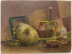 Ena I. Cox, oil on board, Green Bottle and Sunflowers, 30.5cm x 40.5cm, unframed