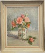 Pheobe Tulloh oil on board, still life - Roses and Daisy, 37.5cm x 30.5cm, signed verso, framed.