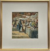 Bill Dean (b 1932) oil, The Indoor Market, 22.5cm x 22.5cm, signed, with original receipt, in glazed
