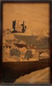 Charles Spindler (1865-1938) marquetry panel depicting a hilltop castle, signed, 30cm x 18cm, in gla