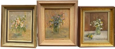 Pheobe Tulloh, oil on board, three small still lives, Harebells and Campion, Snowdrops and Aconites,