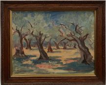 Impressionist school, 20th century, oil on canvas laid to board, trees in the summer heat, 46cm x 56