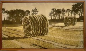 John Cator, Batik, 20th century, print on linen, Round Bales, 42cm x 75cm, framed