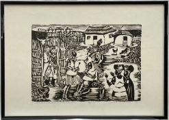 Simon Stemela, South African, linocut, “Ukubethelelwa Kwekhaya”, signed, dated and numbered to margi