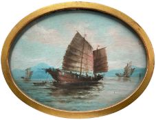 19th century painting on panel of Chinese junks at sea, 19.5 x 14.5cm in a gilt oval glazed frame