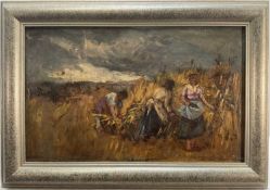 English School, oil on board, Harvesters, apparently unsigned, 26.5cm x 43.5cm, framed