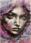 Vin Dantes (contemporary), 'Devotion', portrait of a woman, charcoal and acrylic on paper, with copy