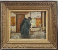 Neil Lambourne (1919-1988) oil on board, Figure and theatre boards, 18.5cm x 23.5cm, in glazed frame