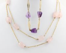 Armband und Kette, 8 kt Gelbgold, Armband mit Amethysten, L. 20 cm, 14 kt Gelbgold, Halskette mit