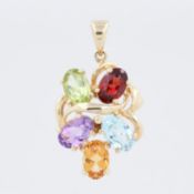 Anhänger, 14 kt Gelbgold, mit bunten, wohl Turmalinen, punziert, L. 2,4 cm, ca. 2,3 g