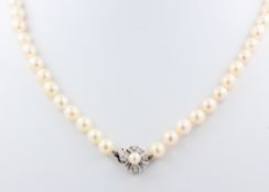 Perlenkette, 14 kt Weißgold Schließe, mit kleinen Diamanten und einer Perle, weiße Perlen, D. 0,8