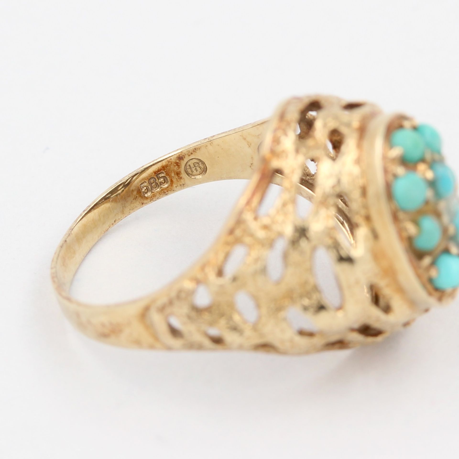 Damenring, 14 kt Gelbgold, mit kleinen Türkisen (leichte Klebereste), punziert, ca. 5,2 g, RM 56 - Bild 4 aus 4