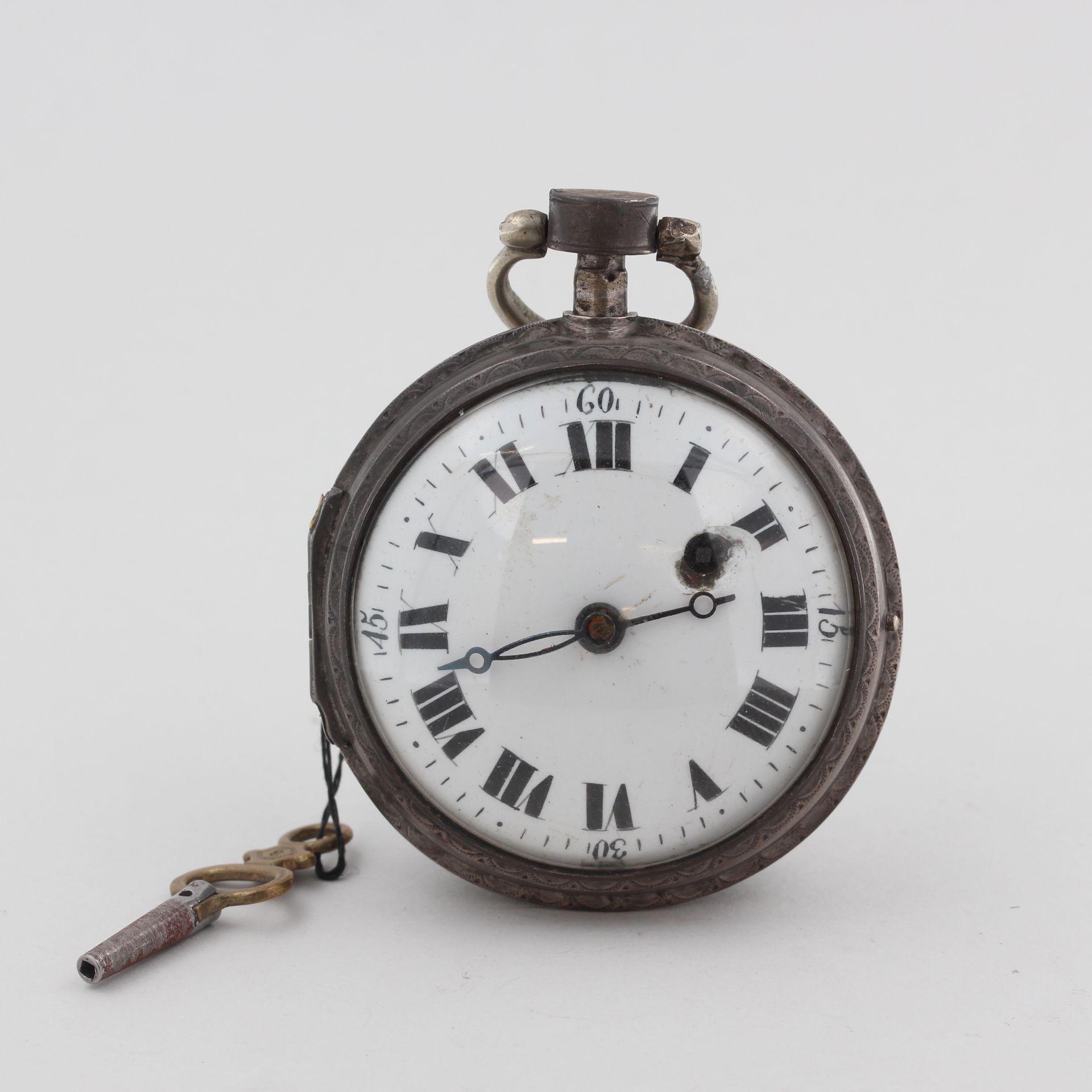 Friedberger Spindeltaschenuhr, signiert J.M. Mayr Friedberg, weißes Zifferblatt mit römischen und