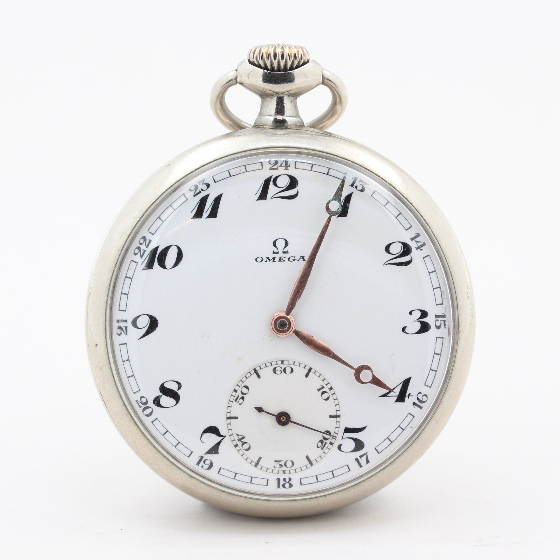Taschenuhr Omega, wohl 30er Jahre, Omega, wohl Stahlgehäuse, weißes Zifferblatt mit arabischen
