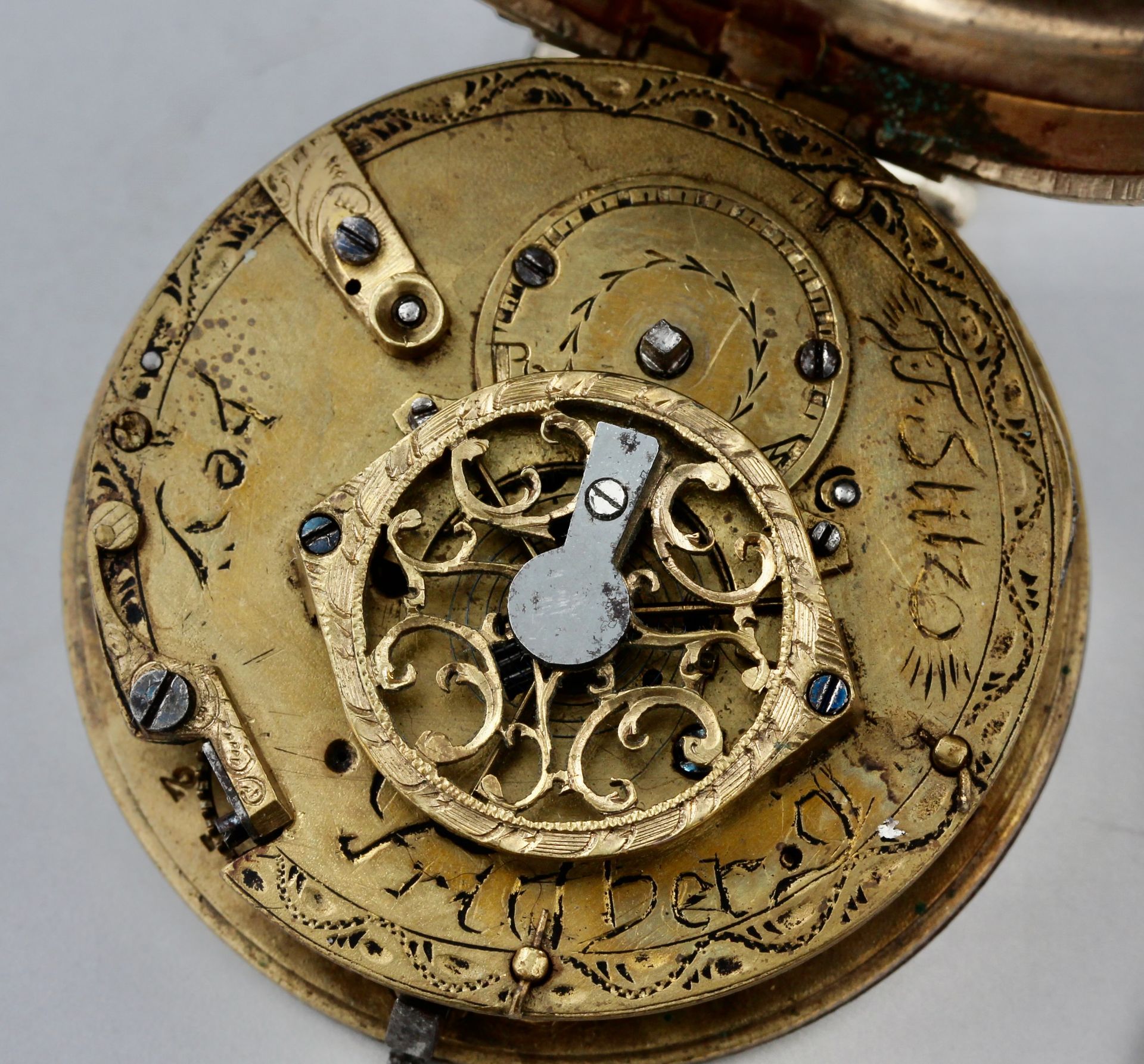 Friedberger Spindeltaschenuhr, signiert TF. Stitz bey Friedberg, weißes Zifferblatt mit römischen - Bild 4 aus 4