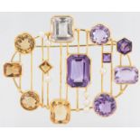 Brosche Fries-Arauner, 18 kt Gelbgold, mit Amethysten, Citrinen und weißen Perlen, Goldschmied