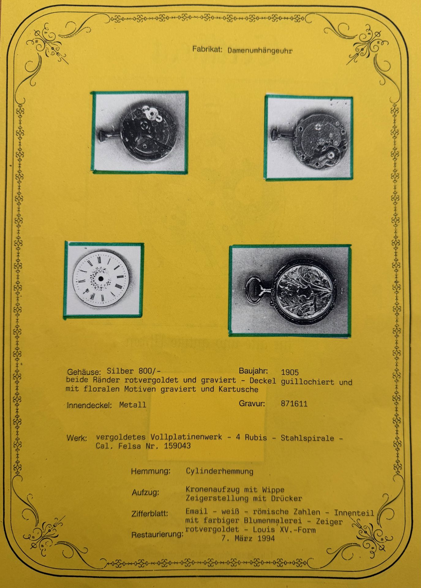 Taschenuhr, 800 Silber, weißes Zifferblatt mit römischen Zahlen, beschädigt, florale Motive, - Bild 4 aus 4