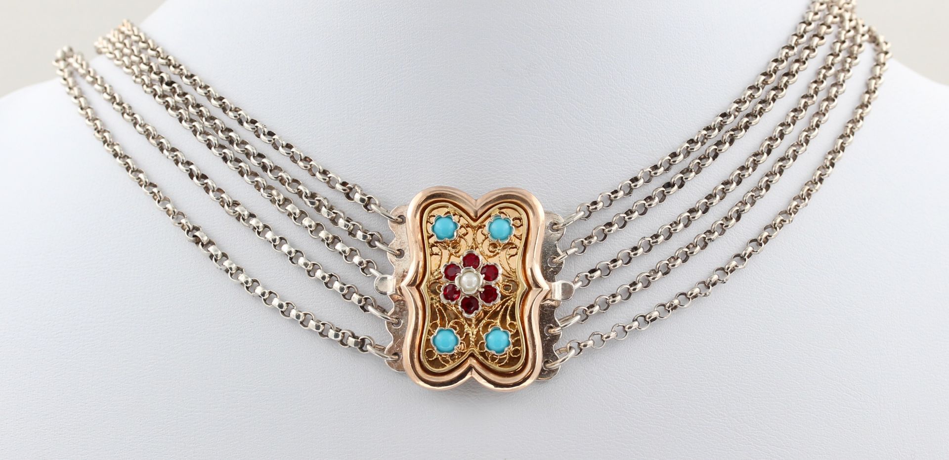 Kropfkette, 835 Silber, teils vergoldet, mit blauen, roten und weißen, wohl Glassteinen, punziert,