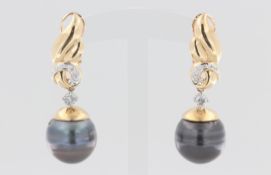 Paar Ohrstecker mit schwarzen Tahitiperlen, 14 kt Gelbgold, mit schwarzen Tahitiperlen, D. 1,6 cm,