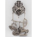 Châtelaine, Rockstecker , 800 Silber, mit 4 Anhängern, punziert, 2 Ösen wohl Messing, ca. 157,3 g,