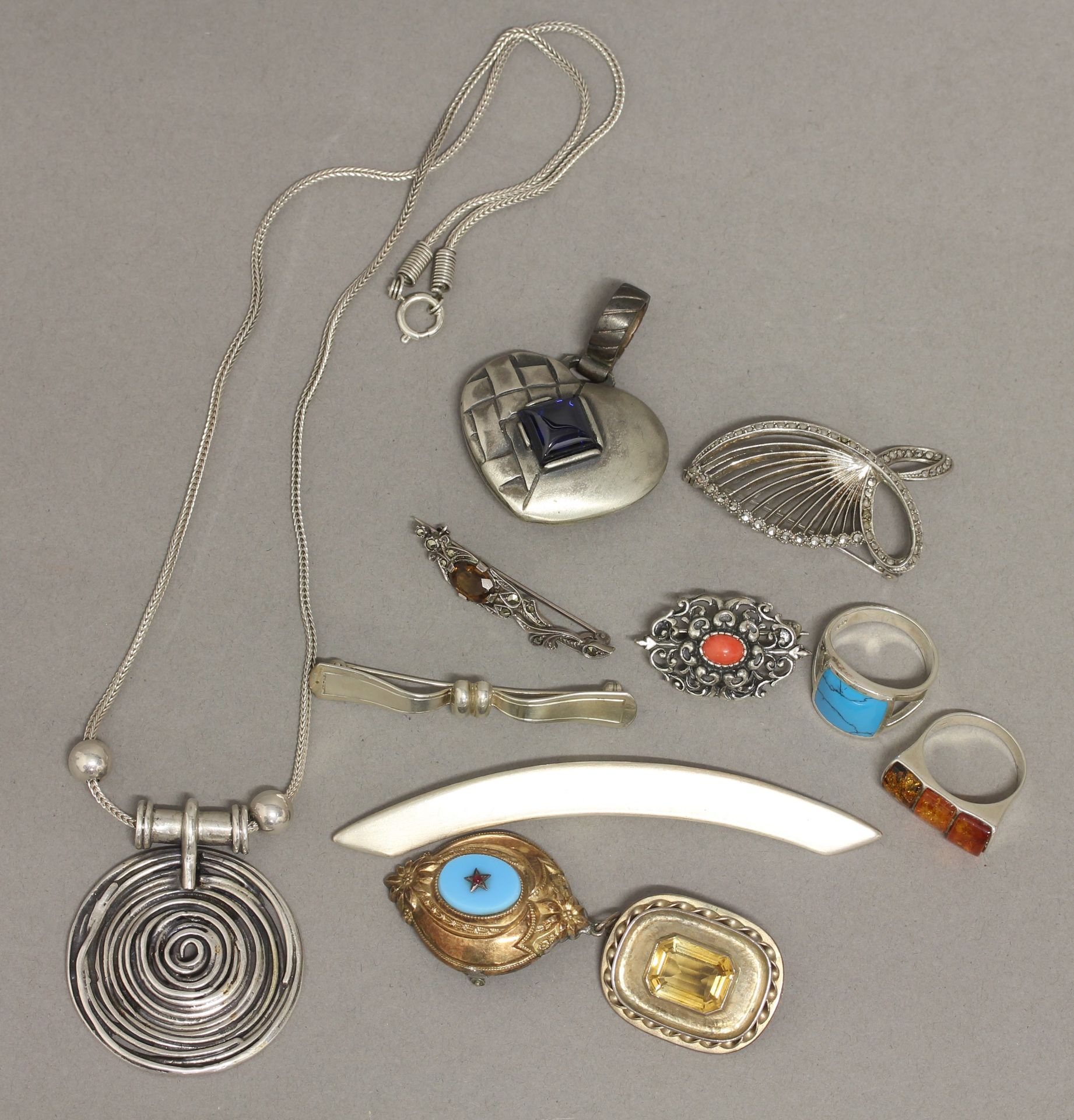 Konvolut Silber Schmuck, Silber, mit Markasiten, wohl Citrinen, Koralle, Türkis, Glassteinen,