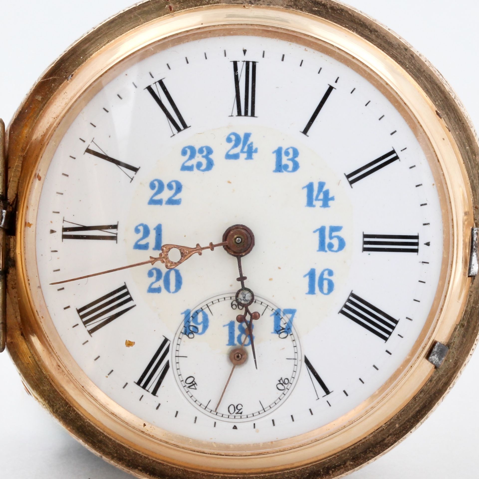 Taschenuhr, 2 Deckel 14 kt Gelbgold, weißes Zifferblatt mit römischen und arabischen Zahlen, - Bild 2 aus 7